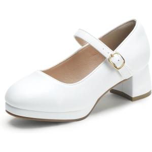imagePANDANINJIA Girls Dress Shoes Chunky Platform Heels Mary Jane Pumps Round Toe Toddler Little Big Kid Wedding Party ShoesWhite Pu
