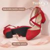 imagePANDANINJIA Girls Dress Shoes High Heels Flower Girl Closed Toe Cross Strap Wedding Party Mary Jane Little Big Kid Pump ShoeRed Suede