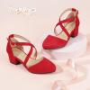 imagePANDANINJIA Girls Dress Shoes High Heels Flower Girl Closed Toe Cross Strap Wedding Party Mary Jane Little Big Kid Pump ShoeRed Suede
