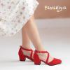 imagePANDANINJIA Girls Dress Shoes High Heels Flower Girl Closed Toe Cross Strap Wedding Party Mary Jane Little Big Kid Pump ShoeRed Suede