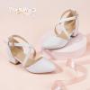 imagePANDANINJIA Girls Dress Shoes High Heels Flower Girl Closed Toe Cross Strap Wedding Party Mary Jane Little Big Kid Pump ShoeWhite Pu