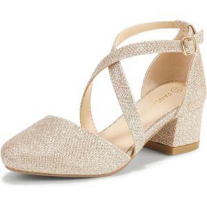 imagePANDANINJIA Girls Dress Shoes High Heels Flower Girl Closed Toe Cross Strap Wedding Party Mary Jane Little Big Kid Pump ShoeGold Glitter