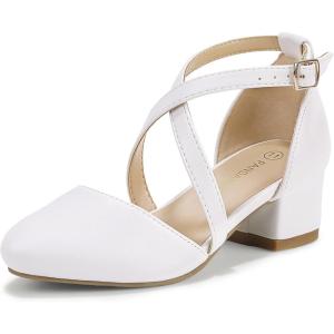 imagePANDANINJIA Girls Dress Shoes High Heels Flower Girl Closed Toe Cross Strap Wedding Party Mary Jane Little Big Kid Pump ShoeWhite Pu