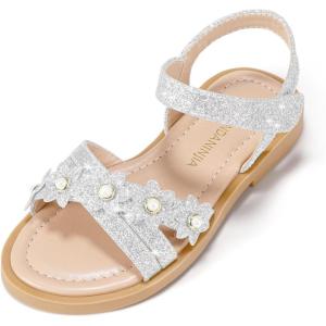 imagePANDANINJIA Girls Sandals Toddler Little Big Kids Kid Cute Open Toe Flats Dress Sandals Mona Summer ShoesSilver Glitter M