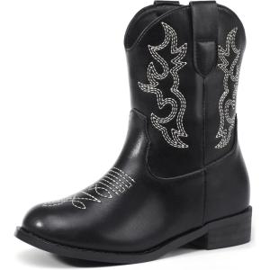 imagePANDANINJIA Girls Toddler Cowgirl Boots Riding Round Toe Boys Cowboy Boot Little Kids Short Calf Western Cowgirl BootiesBlack Pu