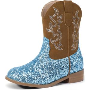 imagePANDANINJIA Girls Toddler Cowgirl Boots Riding Round Toe Boys Cowboy Boot Little Kids Short Calf Western Cowgirl BootiesBlue Sequin