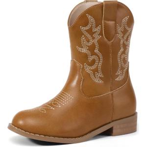 imagePANDANINJIA Girls Toddler Cowgirl Boots Riding Round Toe Boys Cowboy Boot Little Kids Short Calf Western Cowgirl BootiesBrown Pu