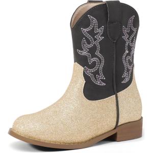 imagePANDANINJIA Girls Toddler Cowgirl Boots Riding Round Toe Boys Cowboy Boot Little Kids Short Calf Western Cowgirl BootiesGold Glitter