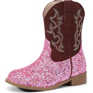 imagePANDANINJIA Girls Toddler Cowgirl Boots Riding Round Toe Boys Cowboy Boot Little Kids Short Calf Western Cowgirl BootiesPink Sequin