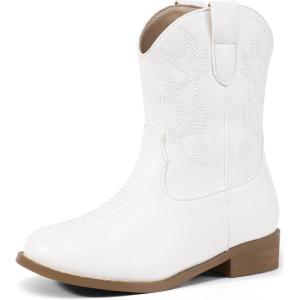 imagePANDANINJIA Girls Toddler Cowgirl Boots Riding Round Toe Boys Cowboy Boot Little Kids Short Calf Western Cowgirl BootiesWhite Pu