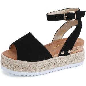 imagePANDANINJIA Girls Sandals Wedge Platform Espadrille Open Toe Summer Little Big Kid Flower Girl Heels Dress ShoesBlack Nubuck