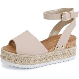 imagePANDANINJIA Girls Sandals Wedge Platform Espadrille Open Toe Summer Little Big Kid Flower Girl Heels Dress ShoesNude Nubuck