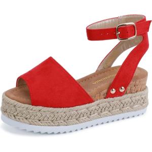 imagePANDANINJIA Girls Sandals Wedge Platform Espadrille Open Toe Summer Little Big Kid Flower Girl Heels Dress ShoesRed Suede