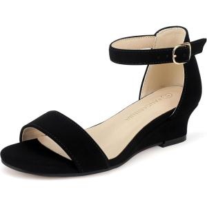 imagePANDANINJIA Girls Sandals Wedge Low Heels Round Open Toe Flower Girls Shoes Ankle Strap Wedding Party Little Big Kids Dress ShoesBlack Nubuck