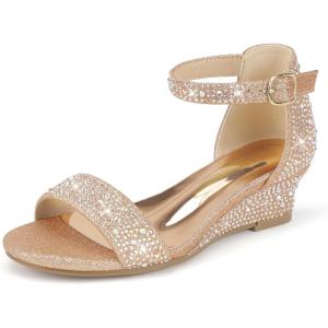 imagePANDANINJIA Girls Sandals Wedge Low Heels Round Open Toe Flower Girls Shoes Ankle Strap Wedding Party Little Big Kids Dress ShoesGold Rhinestone