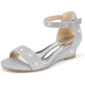 imagePANDANINJIA Girls Sandals Wedge Low Heels Round Open Toe Flower Girls Shoes Ankle Strap Wedding Party Little Big Kids Dress ShoesSilver Rhinestone