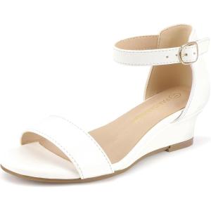 imagePANDANINJIA Girls Sandals Wedge Low Heels Round Open Toe Flower Girls Shoes Ankle Strap Wedding Party Little Big Kids Dress ShoesWhite Pu