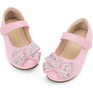 imagePANDANINJIA Toddler Girls Dress Shoes Mary Jane Little Kids Ballet Flats Rhinestone Bow Wedding Party ShoesPinksuede
