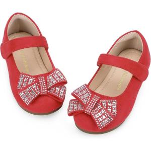 imagePANDANINJIA Toddler Girls Dress Shoes Mary Jane Little Kids Ballet Flats Rhinestone Bow Wedding Party ShoesRedsuede