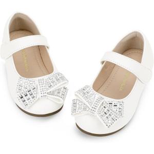 imagePANDANINJIA Toddler Girls Dress Shoes Mary Jane Little Kids Ballet Flats Rhinestone Bow Wedding Party ShoesWhitepu