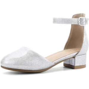 imagePANDANINJIA Girls Heels Dress Shoes Flower Girl Closed Toe Heels Ankle Strap Wedding Party School Miya Toddler Little Big Kid Pump ShoesSilver Shiny Patent