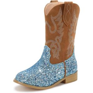 imagePANDANINJIA Girls Cowboy Boots for Boys Kids Toddler Western Cowgirl Boots Round Toe Mid Calf Riding Shoes BootiesBlue Sequin New Style