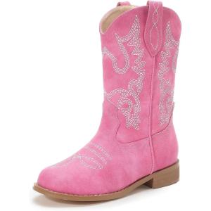 imagePANDANINJIA Girls Cowboy Boots for Boys Kids Toddler Western Cowgirl Boots Round Toe Mid Calf Riding Shoes BootiesFuchsia Suede New Style