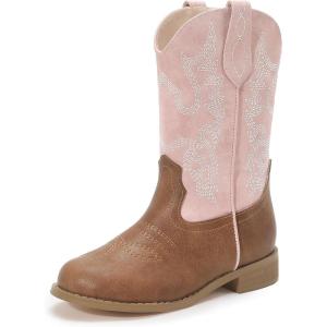 imagePANDANINJIA Girls Cowboy Boots for Boys Kids Toddler Western Cowgirl Boots Round Toe Mid Calf Riding Shoes BootiesPink Brown New Style