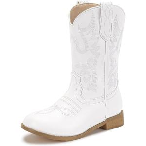 imagePANDANINJIA Girls Cowboy Boots for Boys Kids Toddler Western Cowgirl Boots Round Toe Mid Calf Riding Shoes BootiesWhite Pu New Style