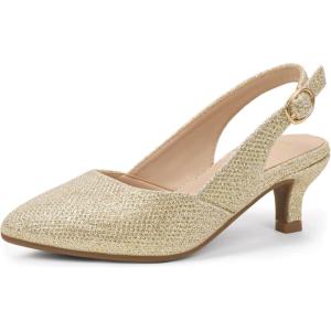 image:imagePANDANINJIA Girls Dress Shoes Kitten Heels Sandals Closed Pointed Toe Slingback Flower Girl Little Big Kid Wedding Party School Pumps ShoesGoldglitter