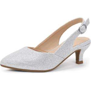 image:imagePANDANINJIA Girls Dress Shoes Kitten Heels Sandals Closed Pointed Toe Slingback Flower Girl Little Big Kid Wedding Party School Pumps ShoesSilverglitter