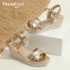 image:imagePANDANINJIA Girls Sandals Wedge Espadrilles Platform Little Big Kid Sandals Open Toe Cross Strap Summer Flower Girl Heels Dress ShoesGold Pu