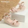 image:imagePANDANINJIA Girls Sandals Wedge Espadrilles Platform Little Big Kid Sandals Open Toe Cross Strap Summer Flower Girl Heels Dress ShoesNude Pu