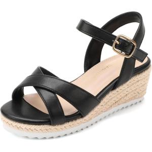 image:imagePANDANINJIA Girls Sandals Wedge Espadrilles Platform Little Big Kid Sandals Open Toe Cross Strap Summer Flower Girl Heels Dress ShoesBlack Pu