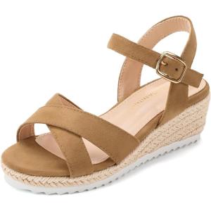 image:imagePANDANINJIA Girls Sandals Wedge Espadrilles Platform Little Big Kid Sandals Open Toe Cross Strap Summer Flower Girl Heels Dress ShoesBrown Suede