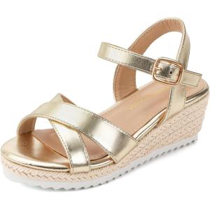 image:imagePANDANINJIA Girls Sandals Wedge Espadrilles Platform Little Big Kid Sandals Open Toe Cross Strap Summer Flower Girl Heels Dress ShoesGold Pu