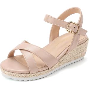 image:imagePANDANINJIA Girls Sandals Wedge Espadrilles Platform Little Big Kid Sandals Open Toe Cross Strap Summer Flower Girl Heels Dress ShoesNude Pu