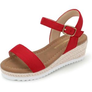 image:imagePANDANINJIA Girls Sandals Wedge Platform Espadrille Little Big Kid Girls Heels Open Toe Summer Flower Girl Dress ShoesRed Suede