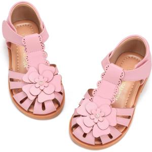 image:imagePANDANINJIA Toddler Sandals Girls Closed Round Toe Comfortable Flat Sandals Little Big Kids Soft Cute TStrap Summer Dress Shoes for School Daily Casual Party Wedding Flower Girl ShoesPink Pu