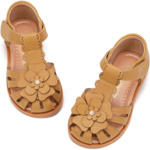 image:imagePANDANINJIA Toddler Sandals Girls Closed Round Toe Comfortable Flat Sandals Little Big Kids Soft Cute TStrap Summer Dress Shoes for School Daily Casual Party Wedding Flower Girl ShoesBrown Pu
