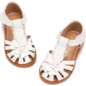 image:imagePANDANINJIA Toddler Sandals Girls Closed Round Toe Comfortable Flat Sandals Little Big Kids Soft Cute TStrap Summer Dress Shoes for School Daily Casual Party Wedding Flower Girl ShoesWhite Pu