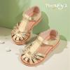 image:imagePANDANINJIA Toddler Girls Sandals Closed Toe TStrap Kids Flower Girl Dress Summer Flats Sandals Cute Bow ShoesGoldpu