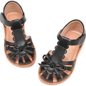 image:imagePANDANINJIA Toddler Girls Sandals Closed Toe TStrap Kids Flower Girl Dress Summer Flats Sandals Cute Bow ShoesBlackpu