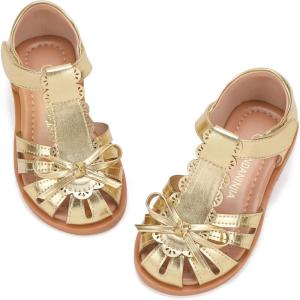 image:imagePANDANINJIA Toddler Girls Sandals Closed Toe TStrap Kids Flower Girl Dress Summer Flats Sandals Cute Bow ShoesGoldpu
