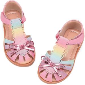 image:imagePANDANINJIA Toddler Girls Sandals Closed Toe TStrap Kids Flower Girl Dress Summer Flats Sandals Cute Bow ShoesRainbowglitter