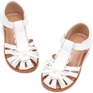 image:imagePANDANINJIA Toddler Girls Sandals Closed Toe TStrap Kids Flower Girl Dress Summer Flats Sandals Cute Bow ShoesWhitepu