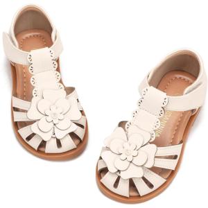 image:imagePANDANINJIA Toddler Sandals Girls Closed Round Toe Comfortable Flat Sandals Little Kids Soft Cute TStrap Summer Dress Shoes for School Daily Casual Party Wedding Flower Girl ShoesNude Pu