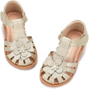 image:imagePANDANINJIA Toddler Sandals Closed Toe Flat Girls Sandals Little Kids TStrap Summer Dress Shoes Party Wedding Flower Girl ShoesGold Pu