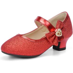 image:imagePANDANINJIA Christy Girls Heels Dress Shoes Mary Jane Rhinestone Bows Pumps Low Heel Princess Flower Wedding Party for Toddler Little KidRedglitter