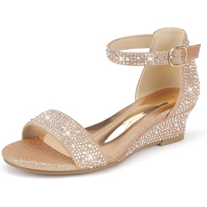 image:imagePANDANINJIA Girls Sandals Wedge Low Heels Round Open Toe Flower Girls Shoes Ankle Strap Wedding Party Little Big Kids Dress ShoesPink Rhinestone